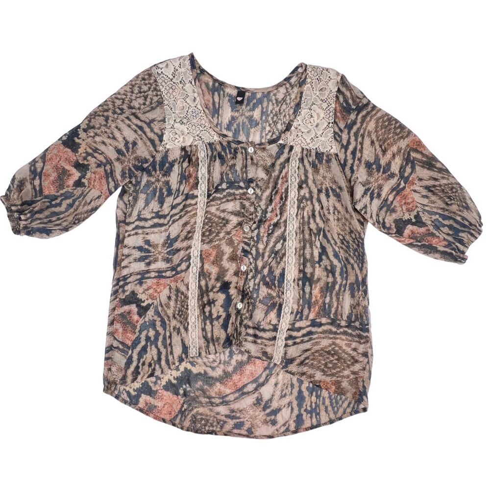 Love Squared Blouse 0X Abstract Print Lace Yoke Trim Sheer Boho Flowy Blouse - Picture 5 of 8